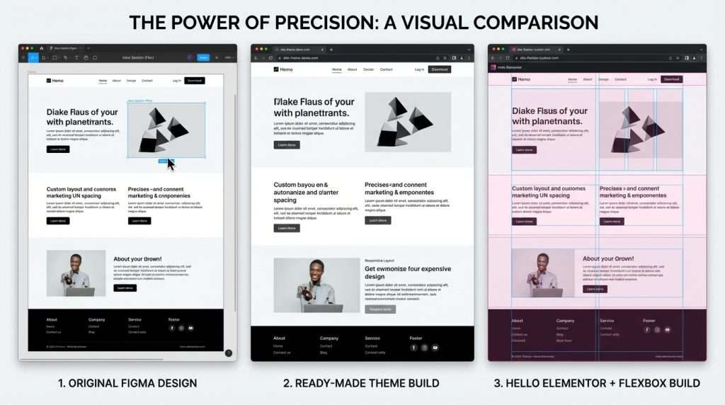 Visual here: A 3-panel comparison showing (1) the original Figma design, (2) the same site built on a ready-made theme, (3) the same site built on Hello Elementor with Flexbox. The visual difference makes the argument more powerfully than words.