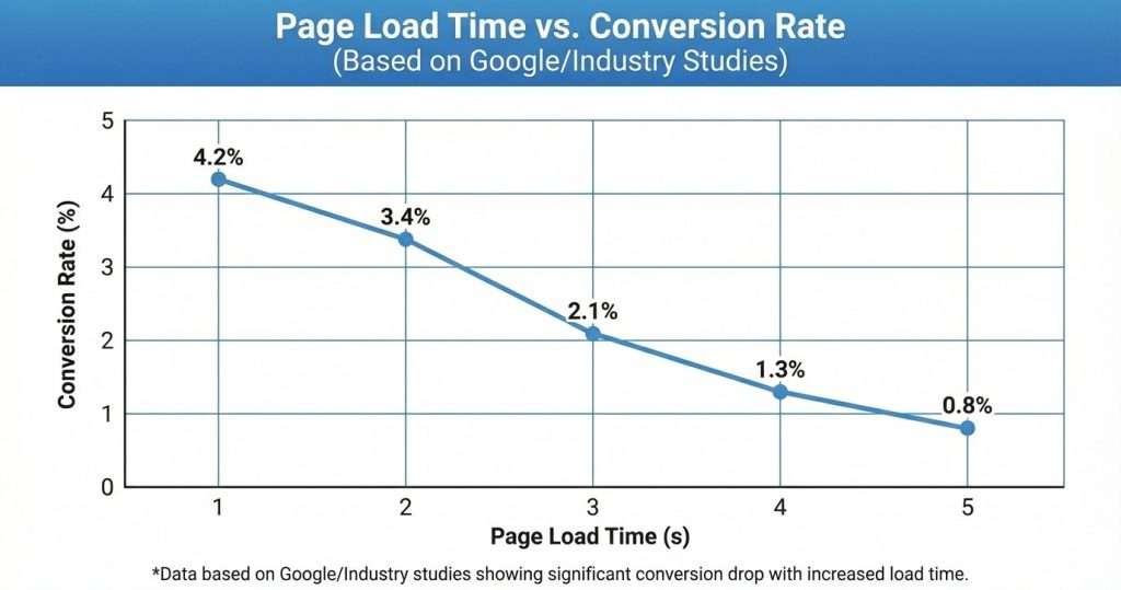 : A graph showing page load time vs conversion rate, plotted with data points at 1s, 2s, 3s, 4s, and 5s load times.